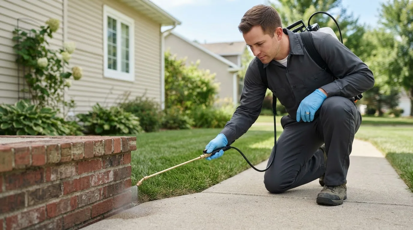 Pest control technician treating a home near Medina, ND